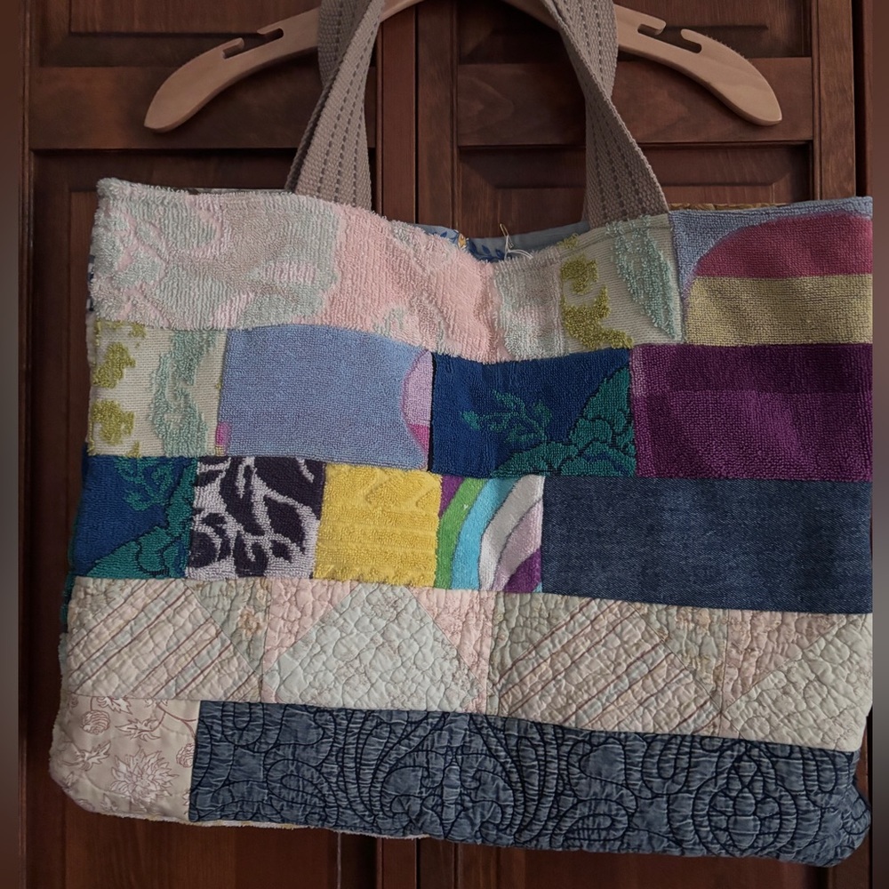 Handmade one of a kind patchwork, Terry cloth beach bag